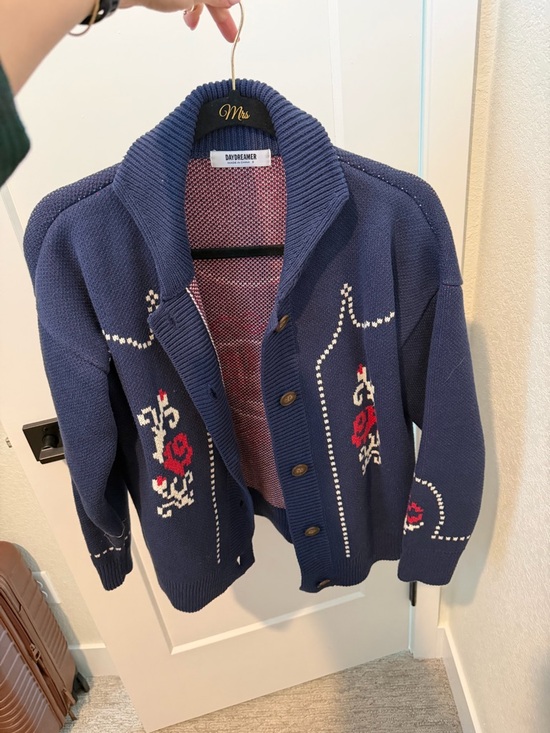 Daydreamer Sweaters - Daydreamer Navy Knit Cardigan with Rose Intarsia